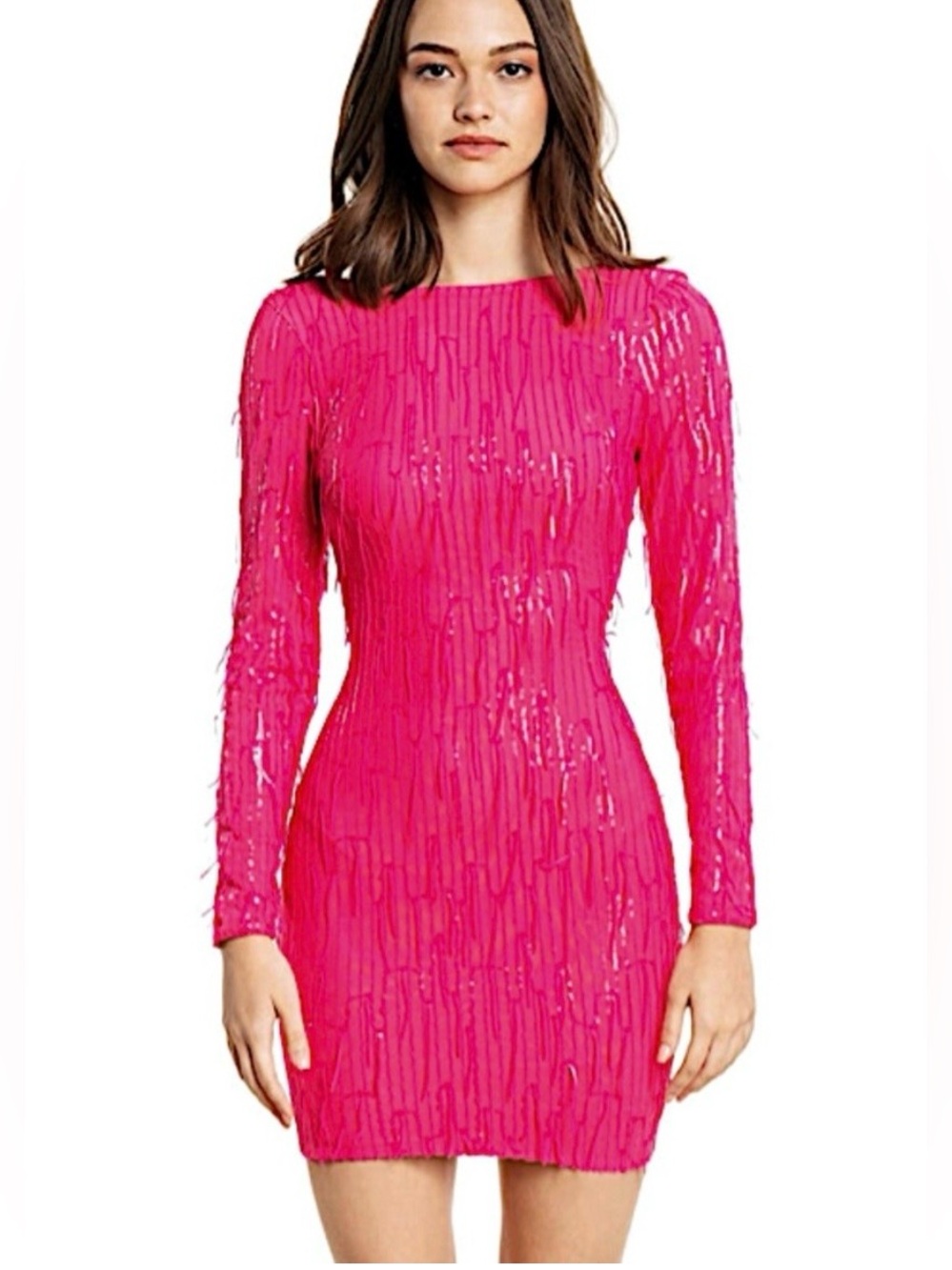 Dress the Population Small Dress Lola Mini Long Sleeve Pink Sequin Fringe Party